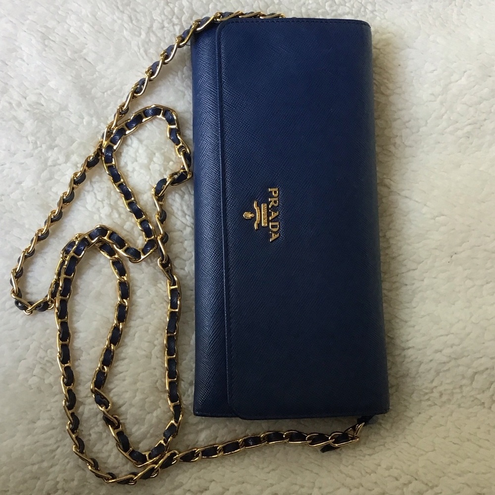 Prada Navy Leather Clutch with Gold Chain